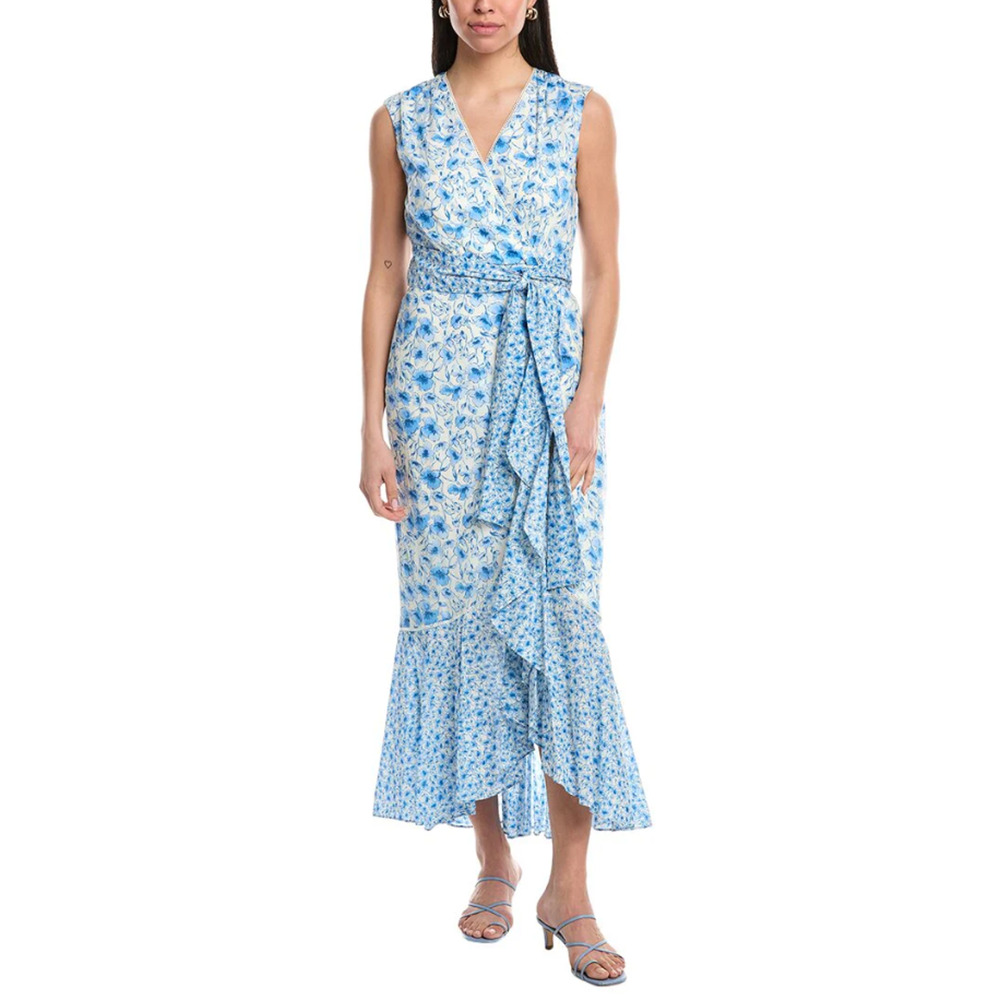 NWT Maison Tara Blue Floral V-Neck Ruffle Sleeveless Maxi Dress Womans Size 16‎